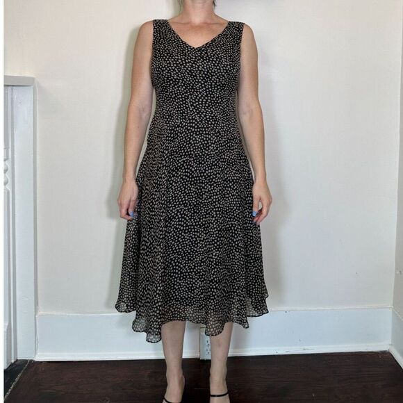 Vintage 100% Silk Black and Brown Polka Dot Midi Dress Size 6P - Picture 3 of 5